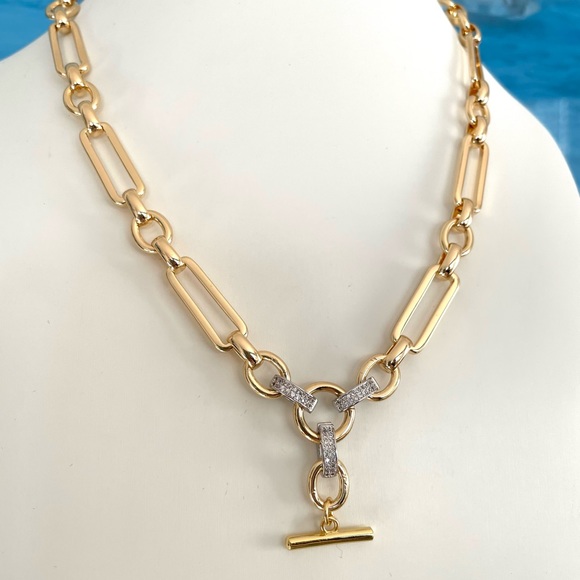 Chunky 18k Gold Fill Mixed Paperclip Chain Necklace Status T Bar Circle Toggle - Picture 3 of 6